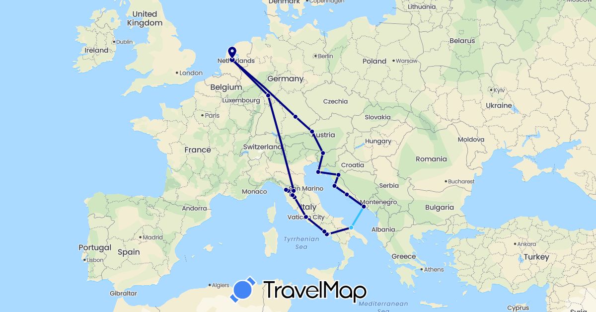 TravelMap itinerary: driving, boat in Austria, Germany, Croatia, Italy, Netherlands, Slovenia, Vatican City (Europe)